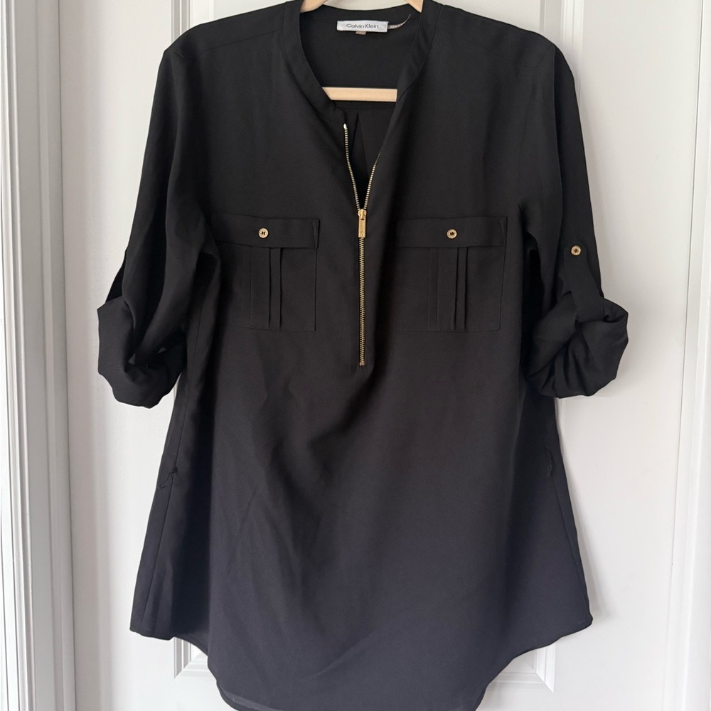 Calvin Klein Black Boxy Tunic with Mandarin Collar